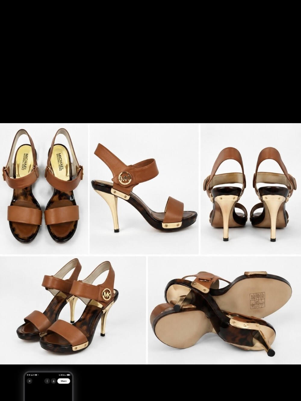 Michael Kors Brown Leather Open-Toe Heeled Sandals with Gold Accents